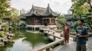 photograph of Yu Garden in Shanghai, China, traditional Chinese pavilion beside a tranquil pond with stone bridges
