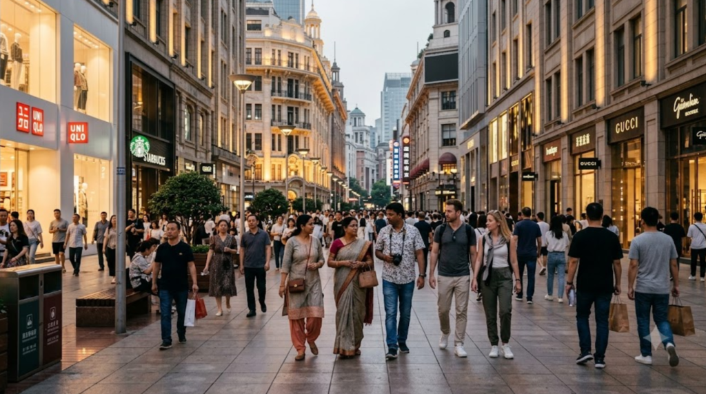 premium urban travel photograph of Nanjing Road in Shanghai, China, lively pedestrian shopping street with elegant modern buildings and realistic storefronts,