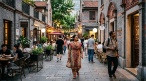 travel photograph of Xintiandi in Shanghai, China, beautifully restored traditional Shikumen architecture mixed with sophisticated cafés and restaurants,