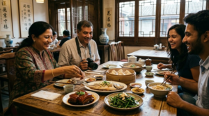 premium lifestyle travel photograph of Xintiandi in Shanghai, China, beautifully restored traditional Shikumen architecture mixed with sophisticated cafés and restaurants,