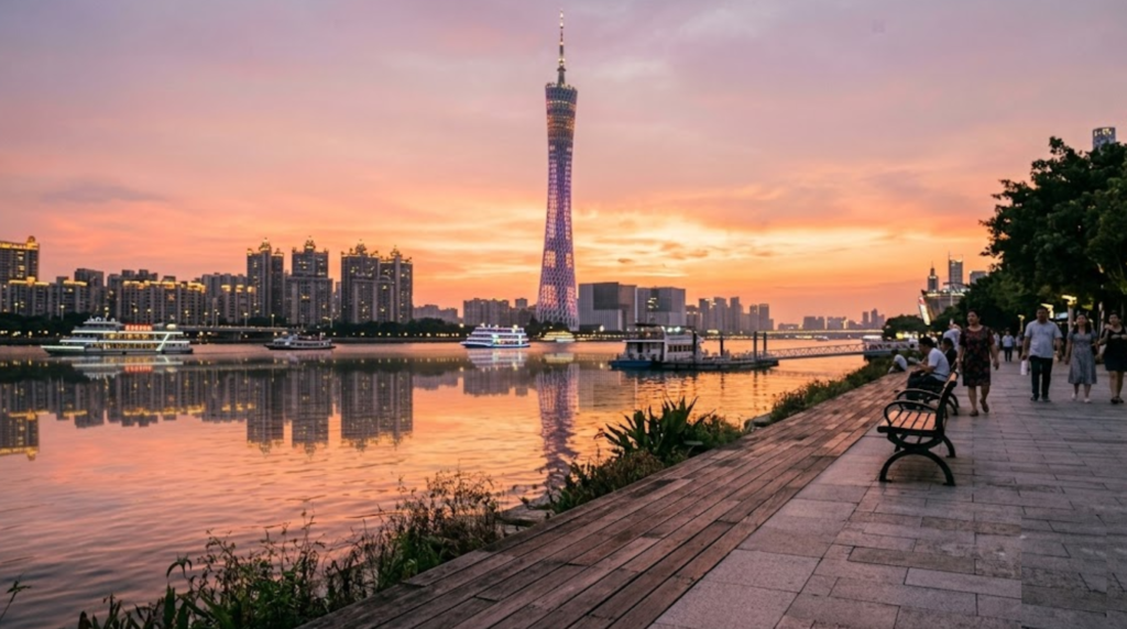 travel photograph of Canton Tower in Guangzhou, China, viewed from the Pearl River waterfront at sunset, dramatic modern skyline
