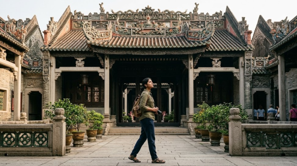 professional travel photograph of Chen Clan Ancestral Hall in Guangzhou, China, magnificent traditional Lingnan Chinese architecture