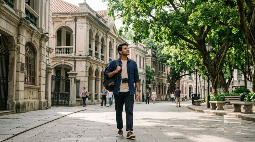 professional travel photograph of Shamian Island in Guangzhou, China, elegant historic colonial-era architecture, tree-lined pedestrian street,