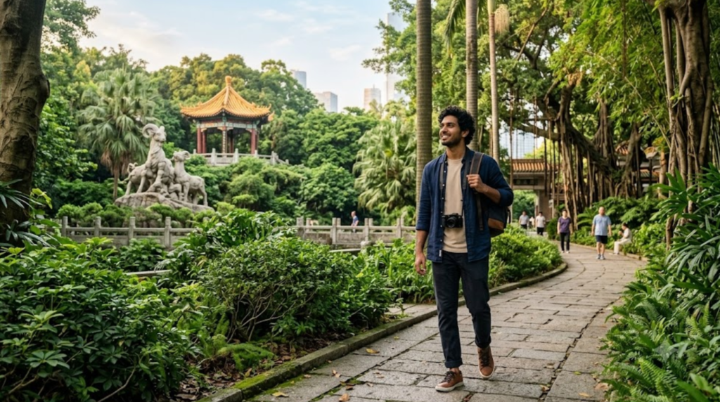 travel photograph of Yuexiu Park in Guangzhou, China, lush green landscape, peaceful walking paths, traditional Chinese architectural elements and Five Rams cultural landmark