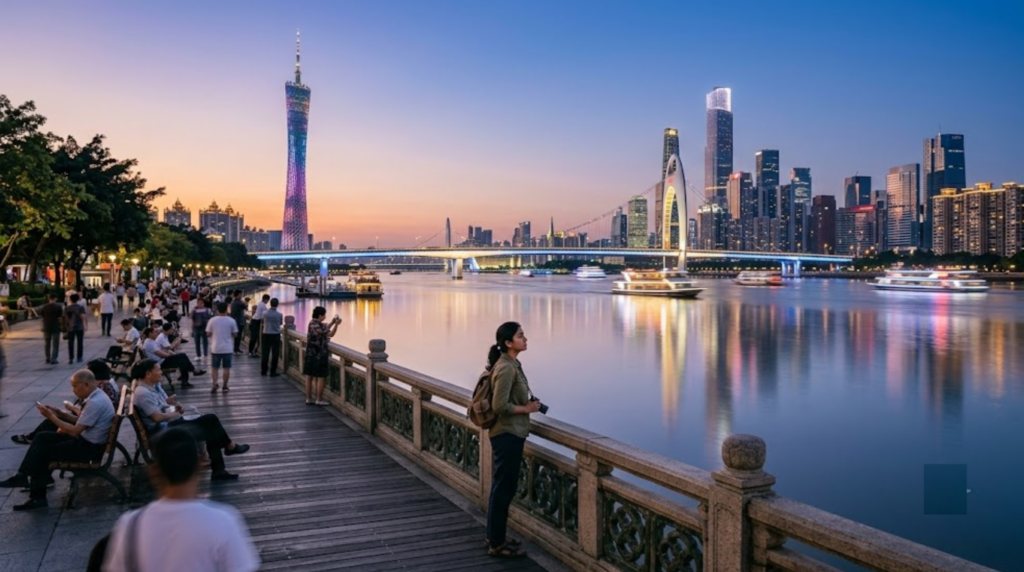 travel photograph of the Pearl River in Guangzhou, China, panoramic view of Guangzhou skyline from a riverside promenade,