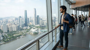 travel photograph of a young Indian traveller enjoying panoramic views from Canton Tower in Guangzhou, China,