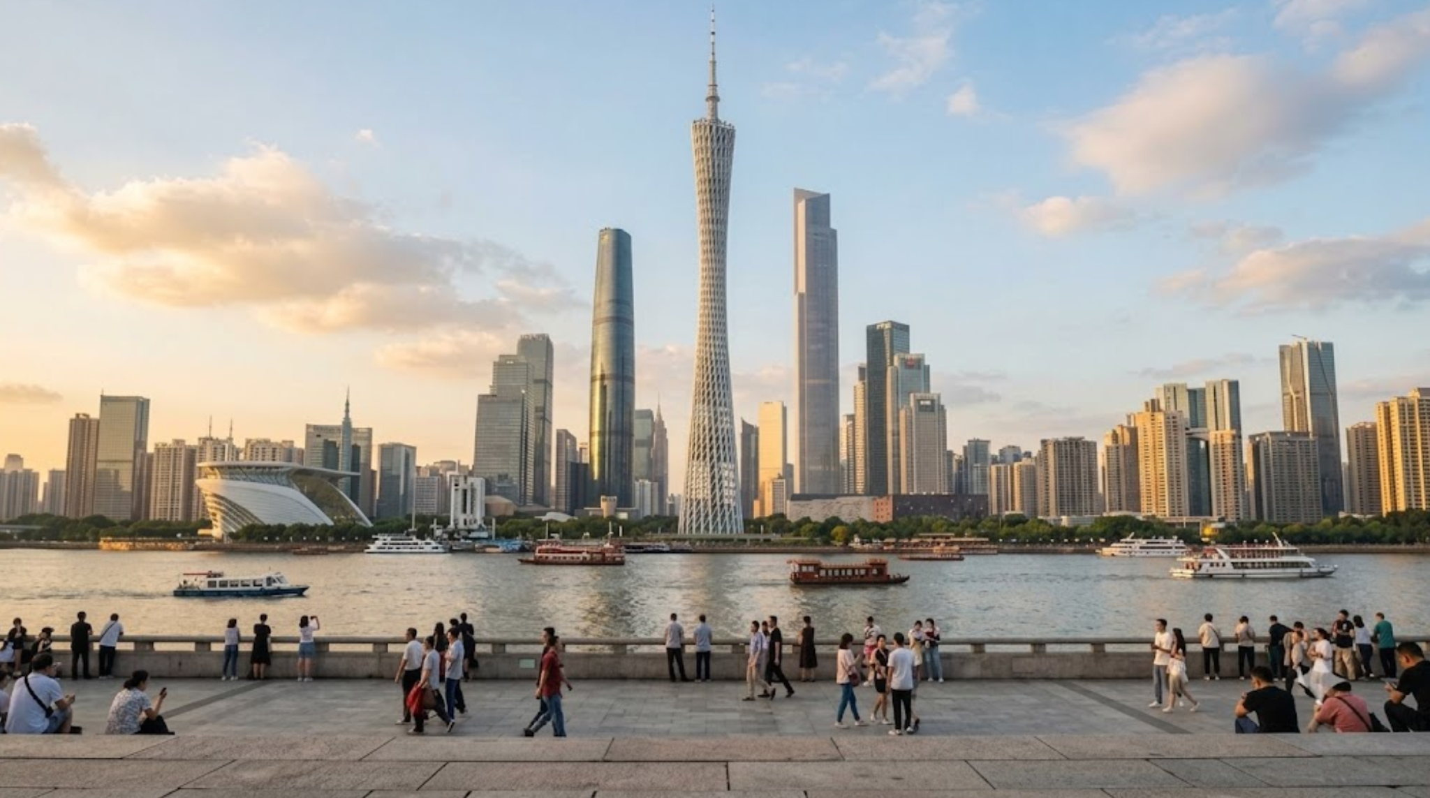 travel photograph of Guangzhou, China, featuring the iconic Canton Tower and modern Guangzhou skyline along the Pearl River at golden hour