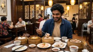 professional travel photograph of a young Indian traveller experiencing authentic Cantonese cuisine in a traditional Guangzhou restaurant,