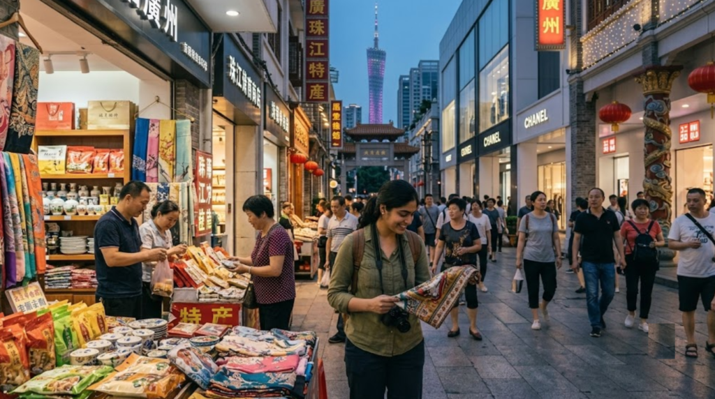 professional travel photograph of a young Indian traveller shopping in a vibrant Guangzhou commercial district, modern Chinese shopping street,