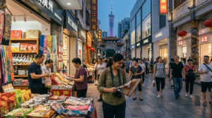 professional travel photograph of a young Indian traveller shopping in a vibrant Guangzhou commercial district, modern Chinese shopping street,