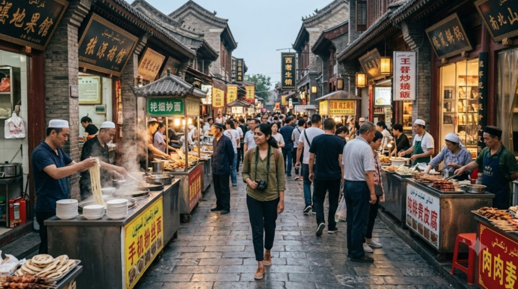 photograph of Xi’an Muslim Quarter in China, lively historic pedestrian street with traditional Chinese architecture