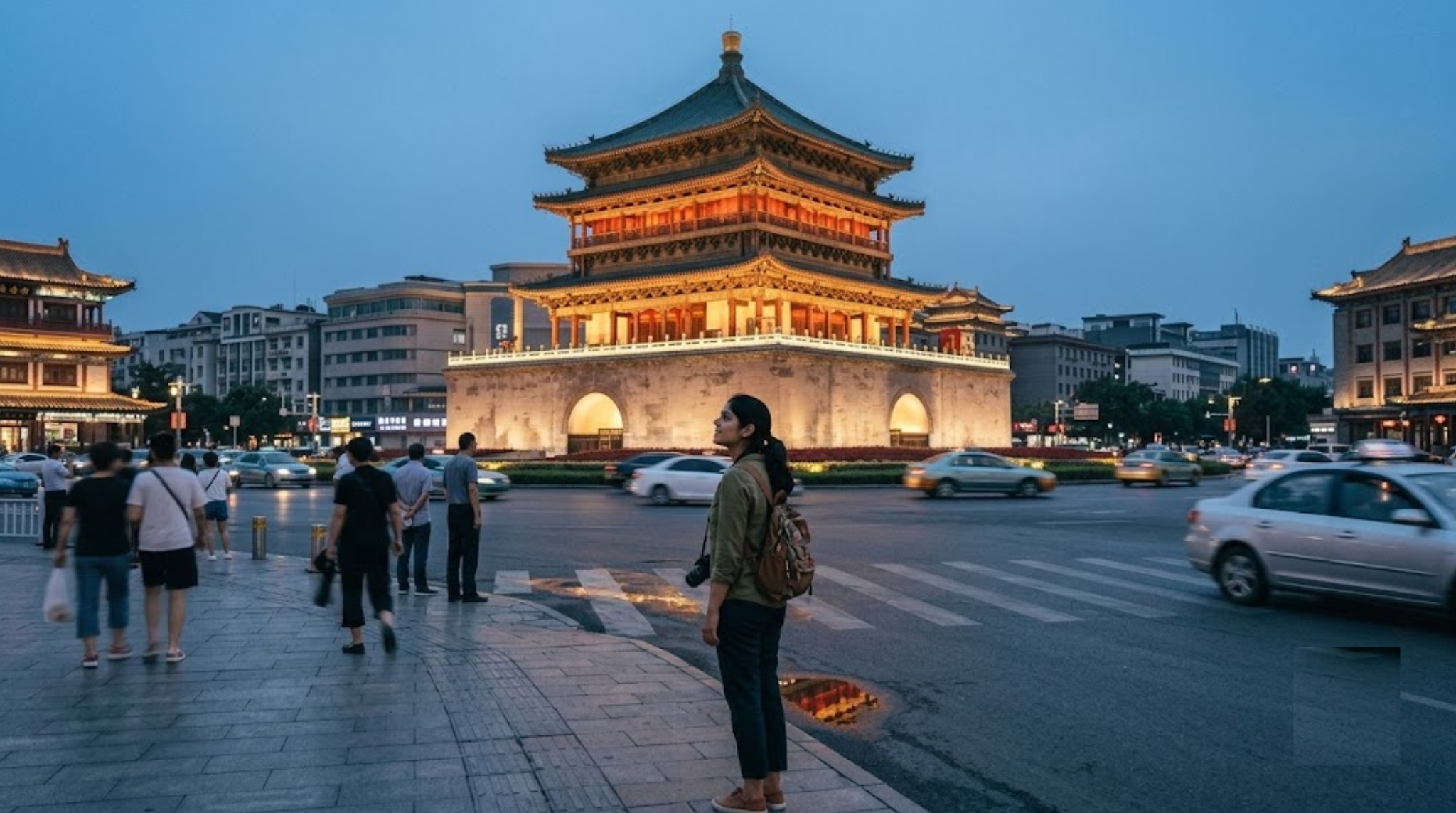 photograph of Xi’an, China, showcasing the ancient Xi’an City Wall with traditional Chinese architecture and historic city atmosphere during golden hour
