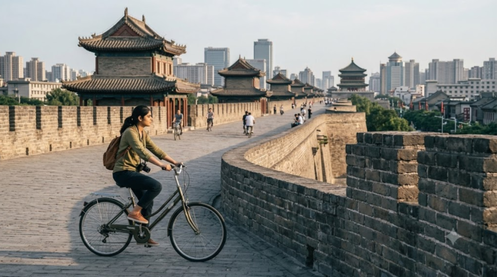 Xi’an Ancient City Wall in China, magnificent historic brick fortification with traditional Chinese watchtowers,