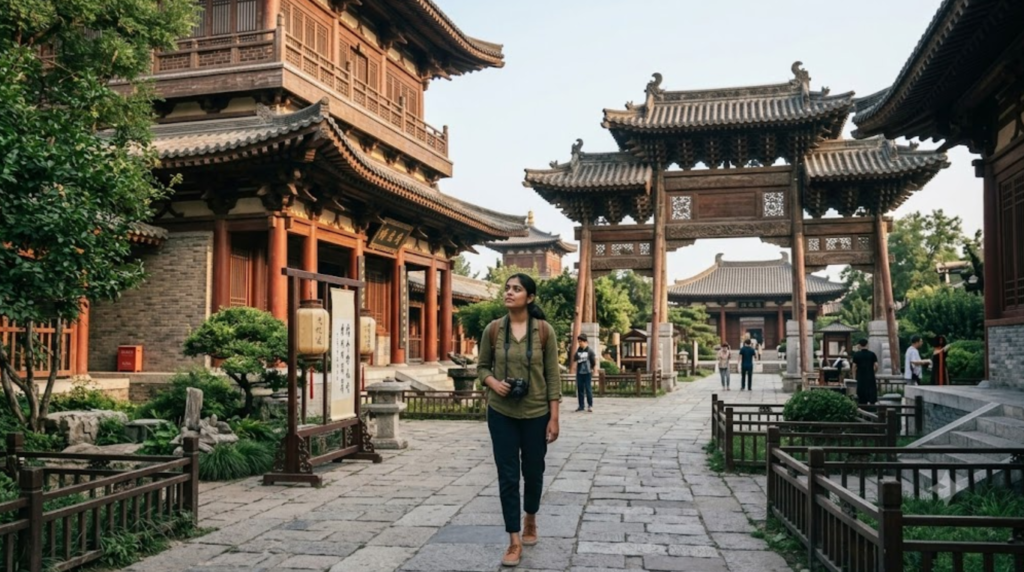 photograph of a young Indian traveller experiencing Tang Dynasty cultural heritage in Xi’an, China