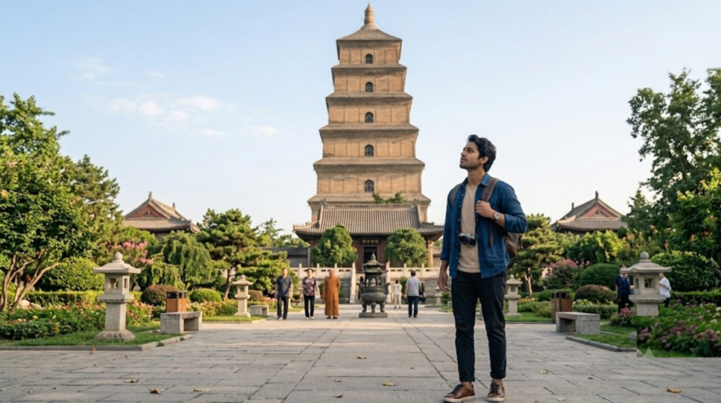 travel photograph of the Big Wild Goose Pagoda in Xi’an, China, historic Tang Dynasty-inspired Buddhist architecture surrounded by landscaped gardens and open public space