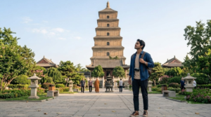 travel photograph of the Big Wild Goose Pagoda in Xi’an, China, historic Tang Dynasty-inspired Buddhist architecture surrounded by landscaped gardens and open public space