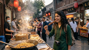 professional travel photograph of a young Indian traveller enjoying authentic Xi’an street food in the historic Muslim Quarter, China, traditional local food stalls, freshly prepared noodles and regional snacks