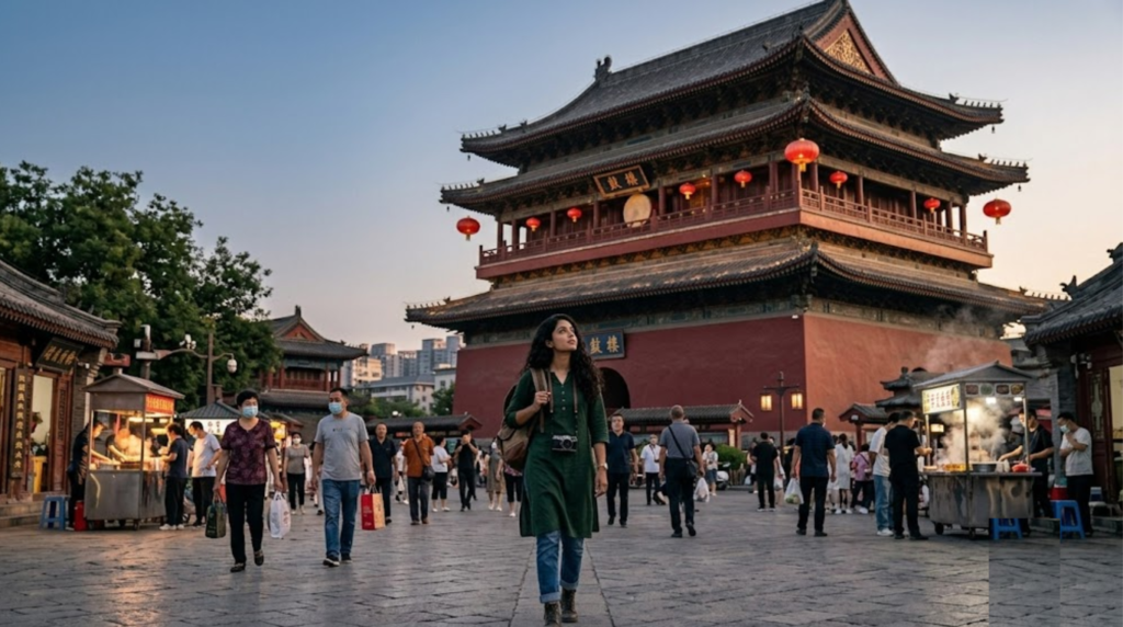 photograph of Xi’an Drum Tower in China, impressive traditional Chinese architecture in the historic city centre, elegant tiled roof and detailed wooden structure