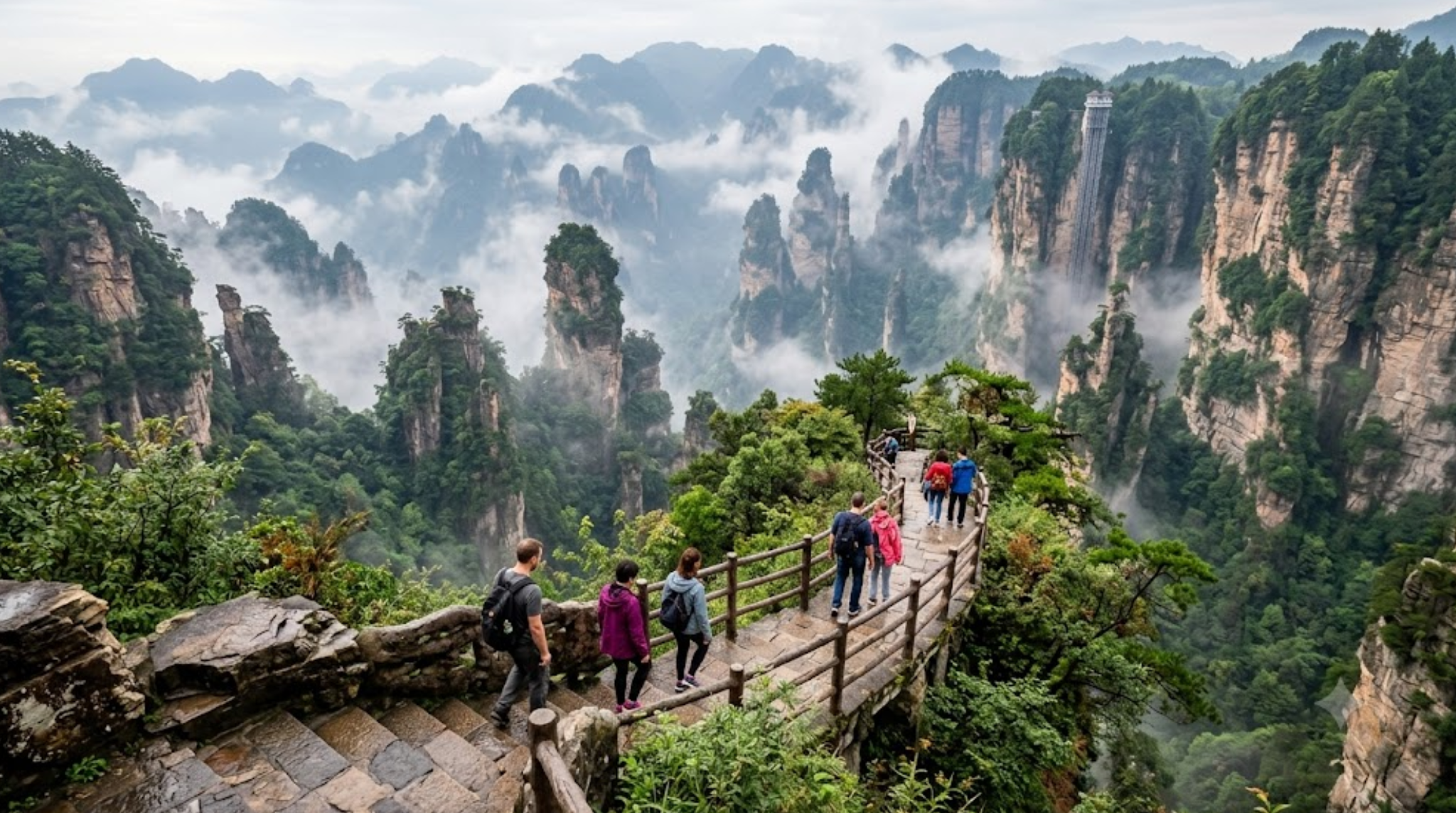 professional travel photograph of Zhangjiajie, China, spectacular towering quartz sandstone pillars rising dramatically through misty green mountains,