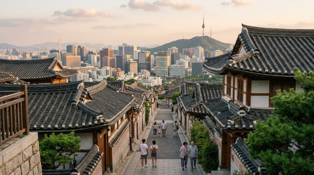travel photograph of Bukchon Hanok Village in Seoul, South Korea, beautiful traditional Korean hanok houses lining a narrow hillside street,