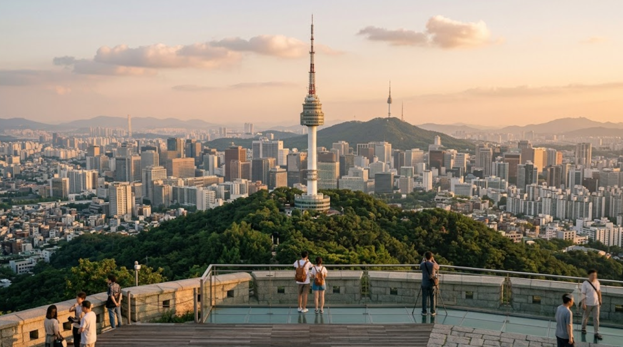 travel photograph of Seoul, South Korea, panoramic cityscape showing a beautiful combination of traditional Korean architecture and modern Seoul skyline,