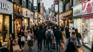 travel photograph of Myeongdong shopping district in Seoul, South Korea, lively pedestrian street