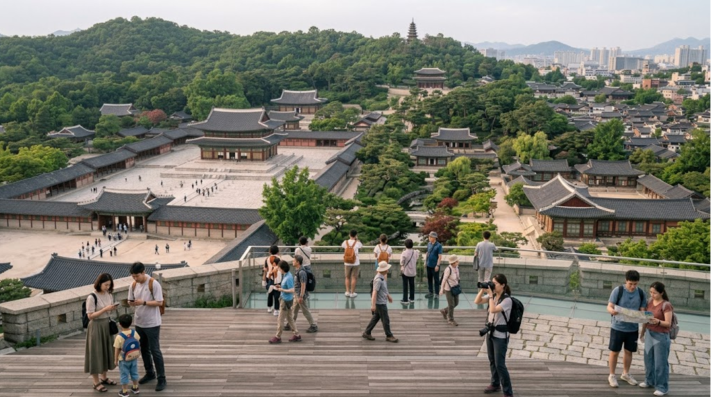 travel photograph of Changdeokgung Palace in Seoul, South Korea, elegant traditional Korean palace buildings surrounded by landscaped gardens and mature trees,