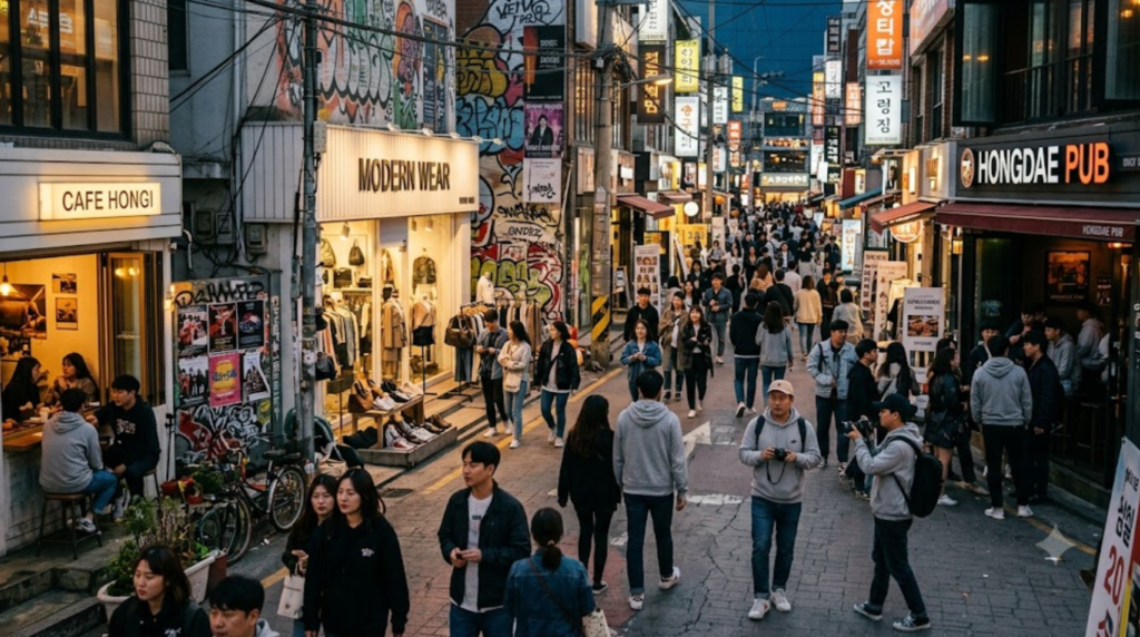 travel photograph of Hongdae district in Seoul, South Korea, lively creative neighbourhood with cafés, fashion shops, street art and pedestrians,