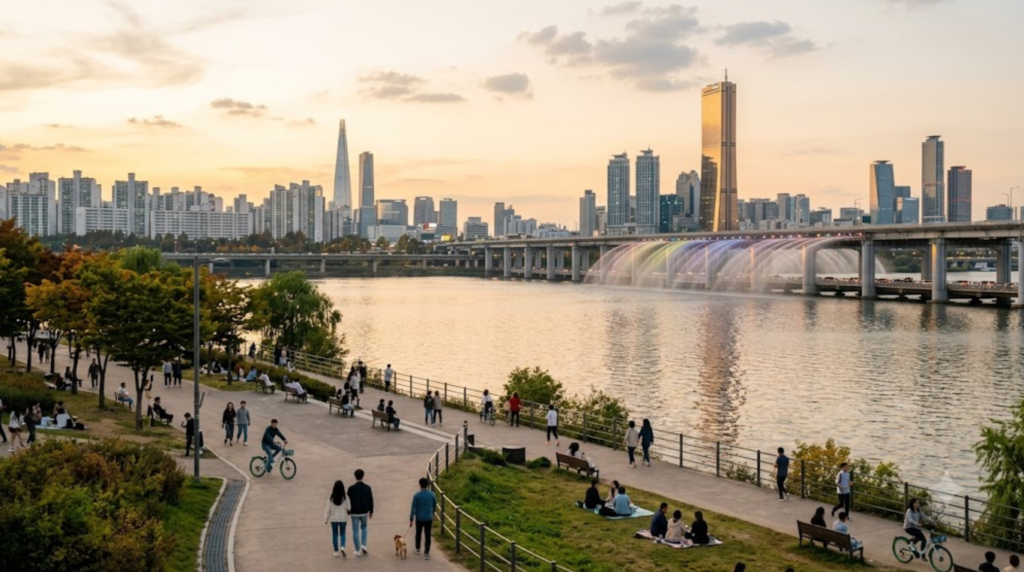 travel photograph of the Han River waterfront in Seoul, South Korea, expansive river with modern Seoul skyline and bridges in the background,