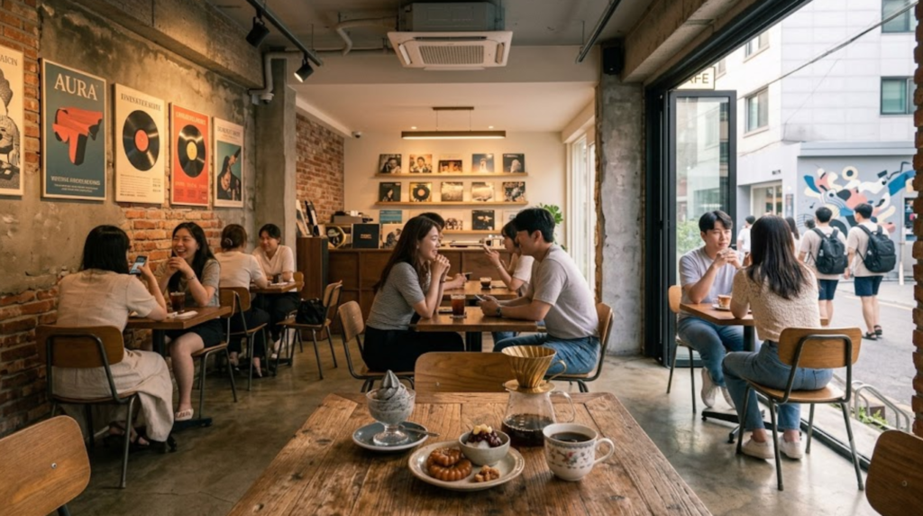 professional travel photograph of a stylish Korean café in Seoul, South Korea, contemporary interior design, beautifully presented Korean dessert and coffee on a wooden table,