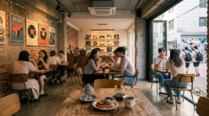 professional travel photograph of a stylish Korean café in Seoul, South Korea, contemporary interior design, beautifully presented Korean dessert and coffee on a wooden table,