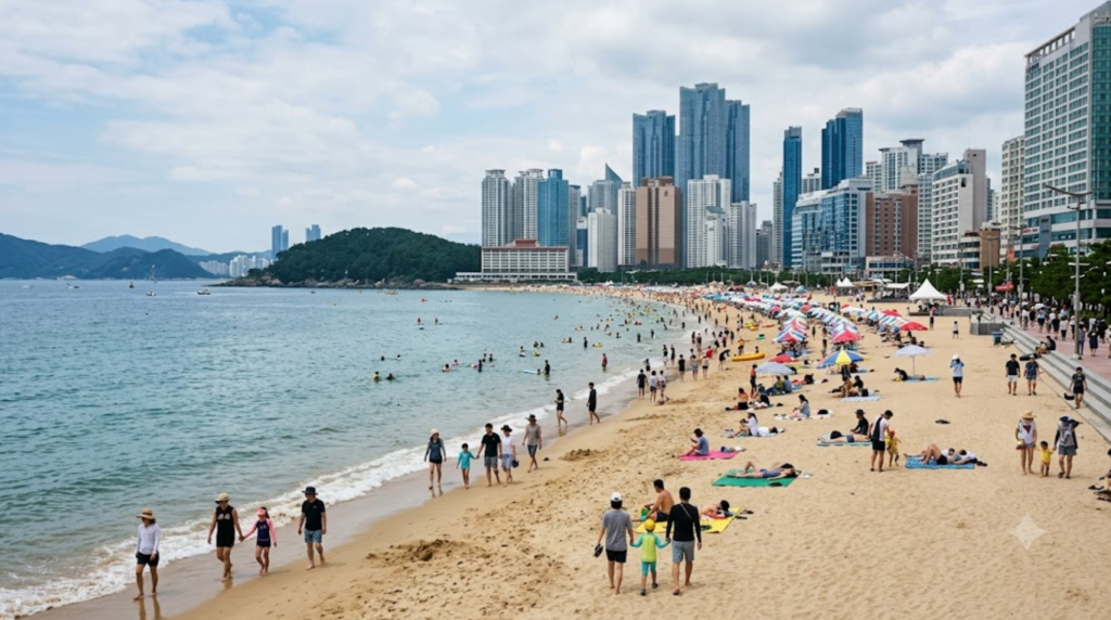 professional travel photograph of Haeundae Beach in Busan, South Korea, wide sandy