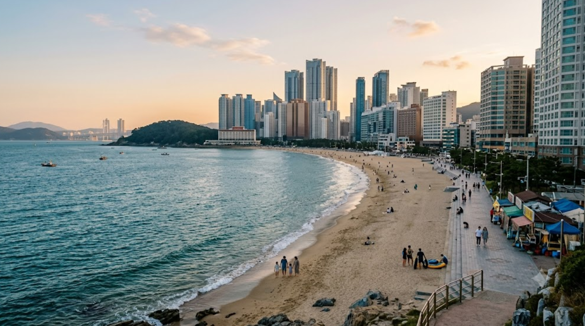 premium travel photograph of Busan, South Korea, panoramic view of Haeundae Beach and Busan’s modern coastal skyline