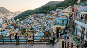 photograph of Gamcheon Culture Village in Busan, South Korea, colourful hillside houses layered across the mountain,