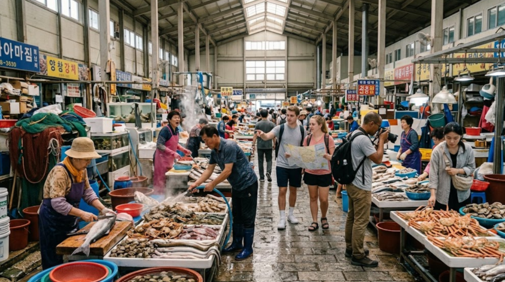 documentary travel photograph inside Jagalchi Fish Market in Busan, South Korea, authentic traditional seafood market with fresh seafood stalls,