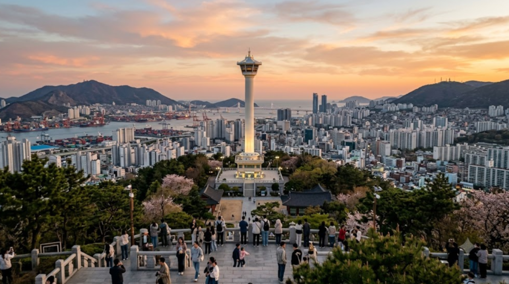 professional travel photograph of Busan Tower at Yongdusan Park, Busan, South Korea, iconic observation tower rising above the modern city skyline,