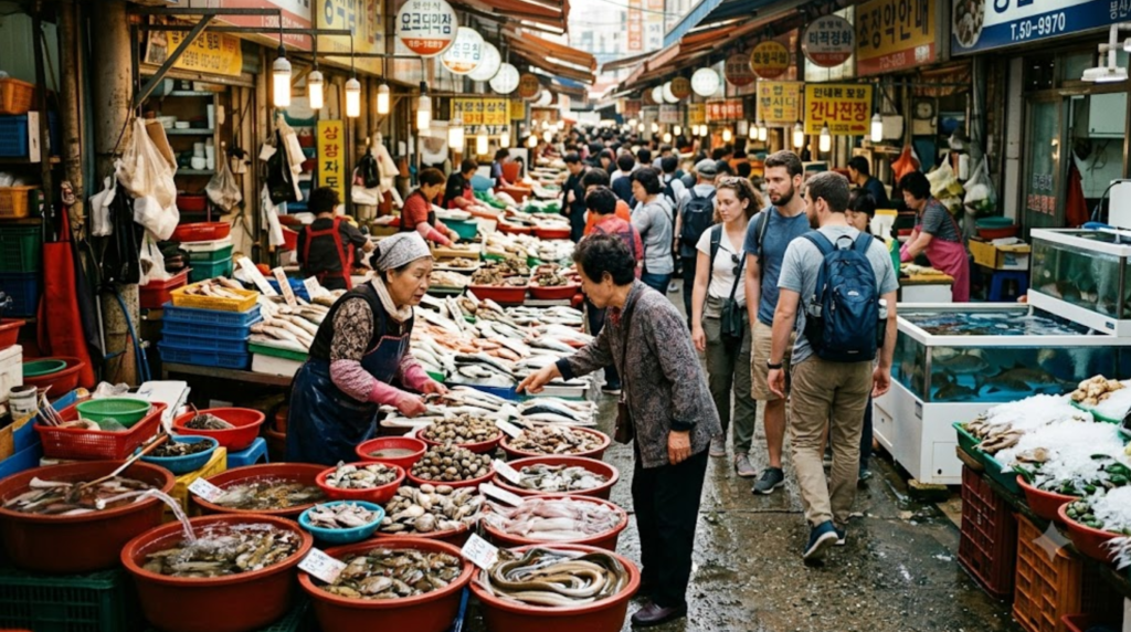 photograph of Busan seafood market, South Korea, fresh seafood stalls