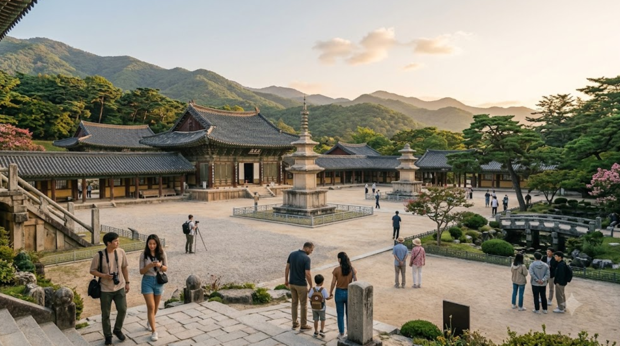 travel photograph of Gyeongju, South Korea, panoramic view of Bulguksa Temple and surrounding historic landscape