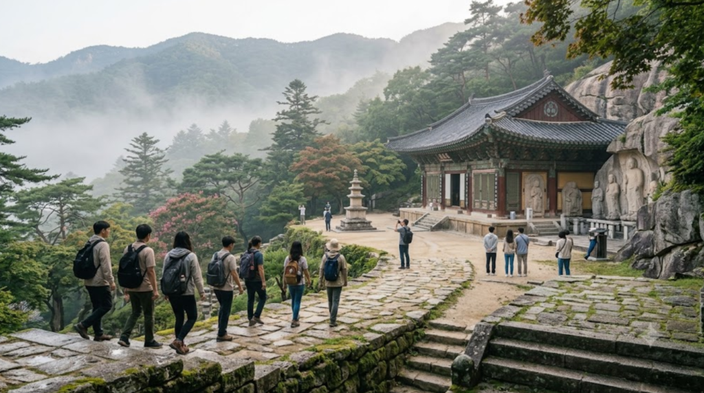 professional travel photograph representing Seokguram Grotto in Gyeongju, South Korea, peaceful mountain temple environment on Mount Toham