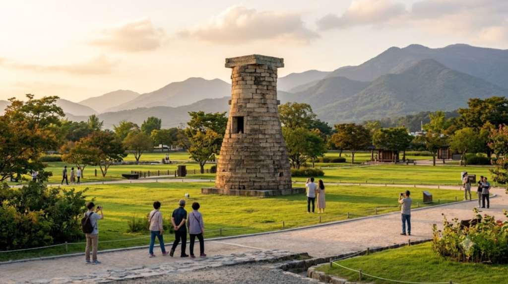 professional travel photograph of Cheomseongdae Observatory in Gyeongju, South Korea, ancient stone astronomical observatory standing in a wide green historical park
