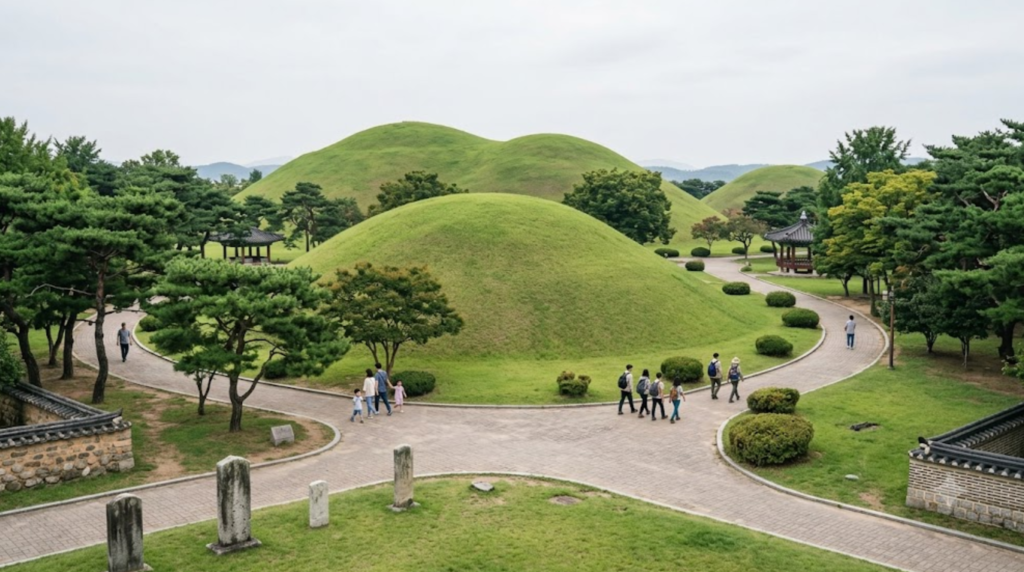travel photograph of Daereungwon Tomb Complex in Gyeongju, South Korea, enormous ancient green grass-covered Silla royal burial mounds surrounded by trees and walking paths,