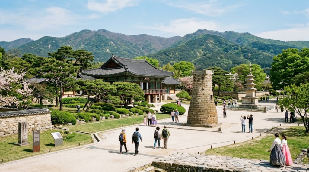 photograph of Gyeongju Historic Area in South Korea, ancient Korean heritage landscape combining traditional architecture