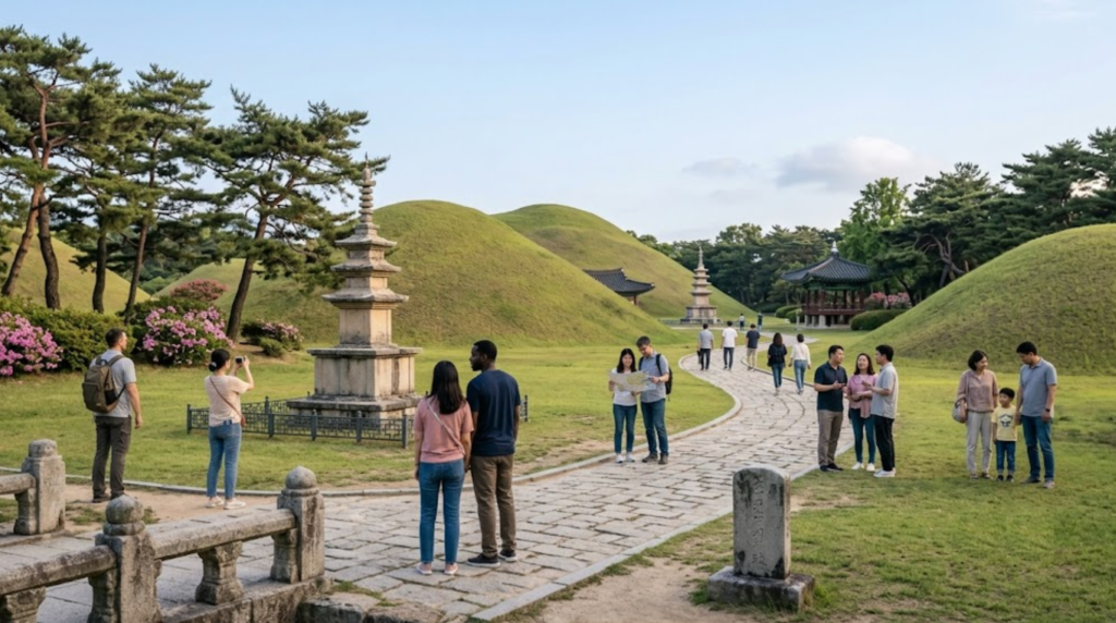 travel photograph of diverse random tourists exploring ancient Silla heritage sites in Gyeongju, South Korea, historic