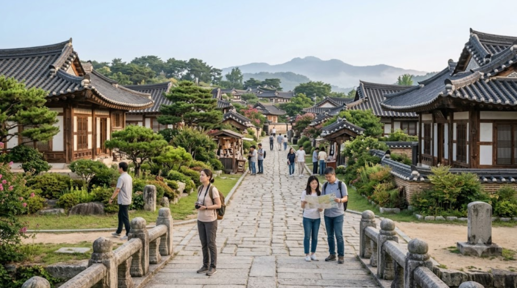 travel photograph of diverse random tourists exploring ancient Silla heritage sites in Gyeongju, South Korea, historic Korean monuments