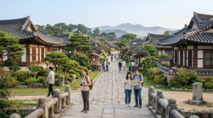 travel photograph of diverse random tourists exploring ancient Silla heritage sites in Gyeongju, South Korea, historic Korean monuments
