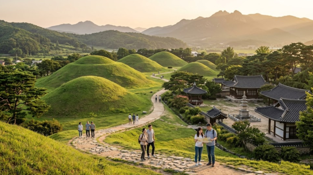 premium travel photograph of Gyeongju countryside and historic landscape, South Korea, green hills, traditional Korean heritage structures