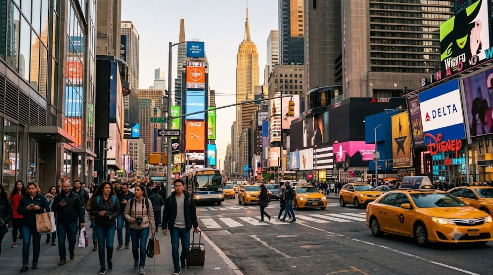 premium travel photograph of New York City, USA, iconic Manhattan skyline with Empire State Building, modern skyscrapers, busy city streets and Times Square atmosphere