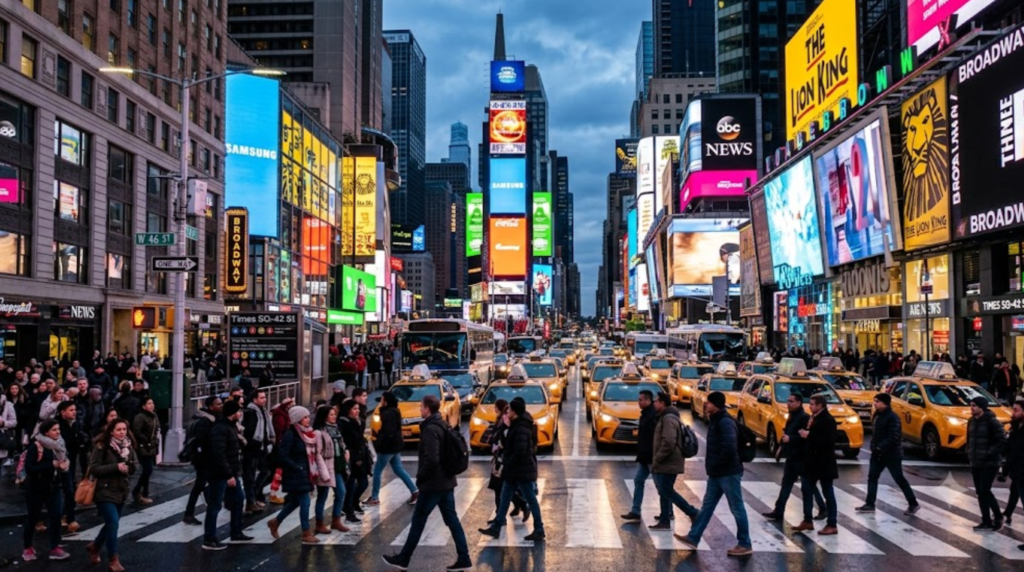 professional travel photograph of Times Square in New York City, USA, enormous illuminated digital billboards, iconic Manhattan buildings,