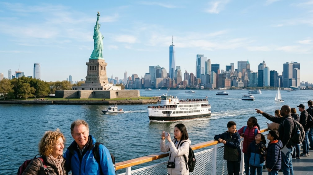 premium travel photograph of the Statue of Liberty in New York Harbor, USA, iconic statue standing prominently against Manhattan skyline and blue sky