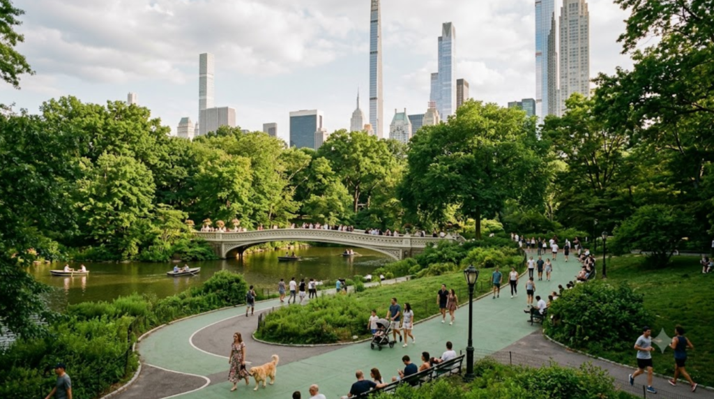 professional travel photograph of Central Park in New York City, USA, lush green park landscape surrounded by Manhattan skyscrapers